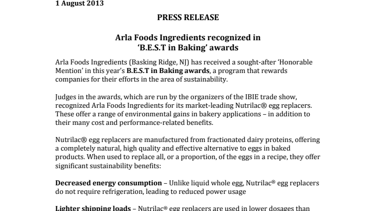 Arla Foods Ingredients recognized in ‘B.E.S.T in Baking’ awards