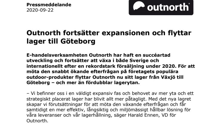 Outnorth fortsätter expansionen och flyttar lager till Göteborg