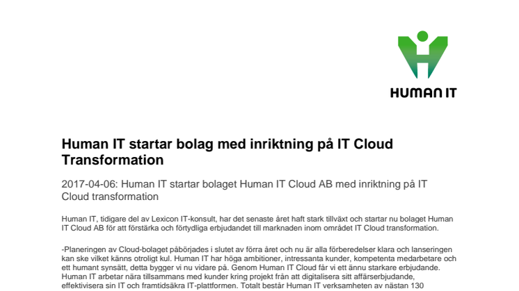 Human IT startar bolag med inriktning på IT Cloud Transformation