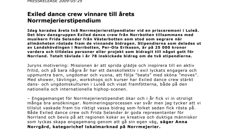 Exiled dance crew vinnare till årets Norrmejerierstipendium