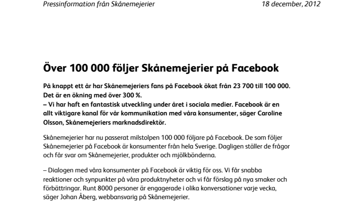 Över 100 000 följer Skånemejerier på Facebook