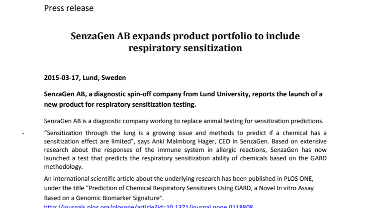 SenzaGen AB expands product portfolio to include respiratory sensitization 