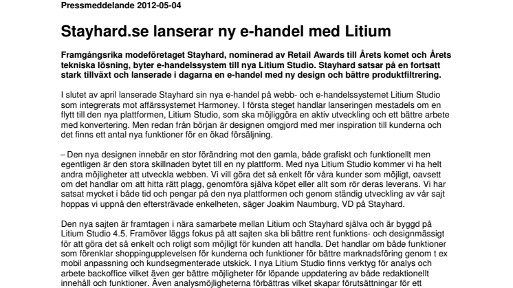 Stayhard.se lanserar ny e-handel med Litium