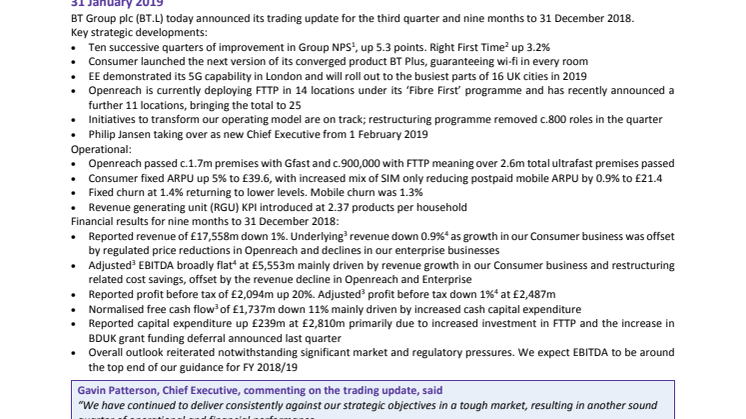 Trading update for the nine months to 31 December 2018