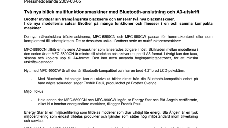 Brother International Sweden AB: Två nya bläck multifunktionsmaskiner med Bluetooth-anslutning och A3-utskrift