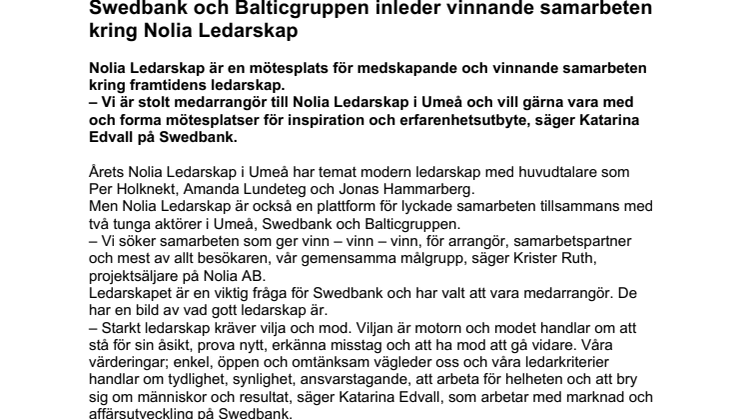 Swedbank och Balticgruppen inleder vinnande samarbeten kring Nolia Ledarskap 