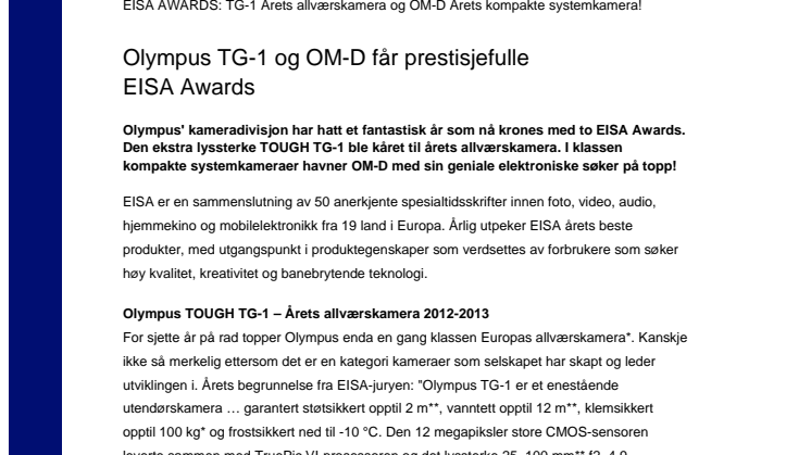 Olympus TG-1 og OM-D får prestisjefulle EISA Awards