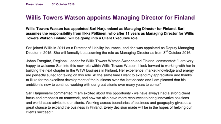 Willis Towers Watson appoints Managing Director for Finland