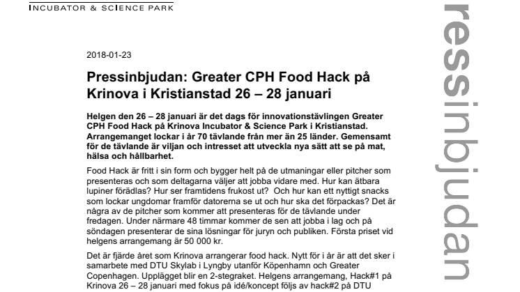 Pressinbjudan: Greater CPH Food Hack på Krinova i Kristianstad 26 – 28 januari