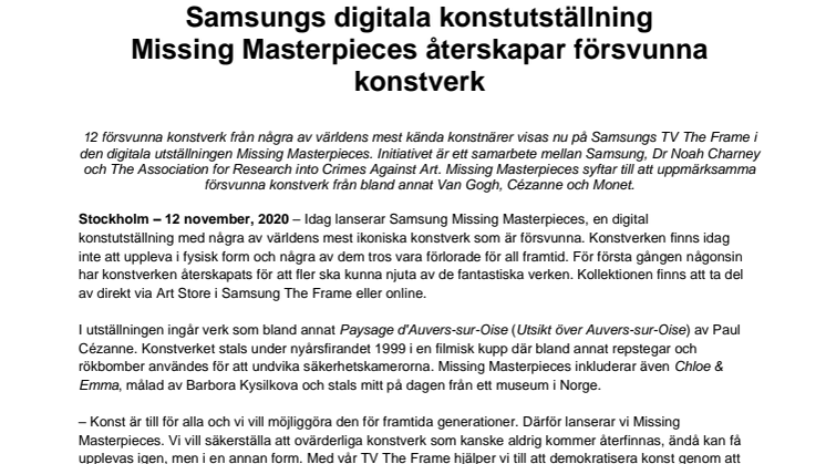 Samsungs digitala konstutställning  Missing Masterpieces återskapar försvunna konstverk 