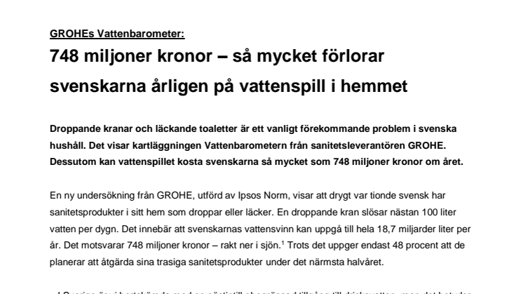 GROHEs Vattenbarometer: 748 miljoner kronor – så mycket förlorar svenskarna årligen på vattenspill i hemmet