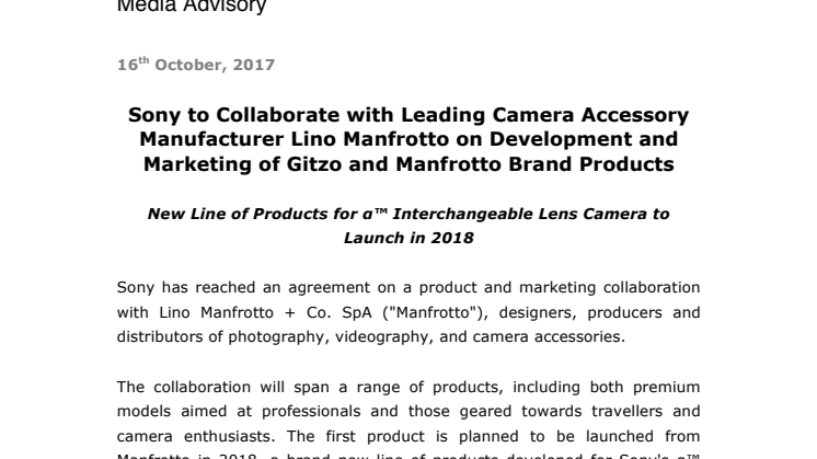 Sony inngår et samarbeid med produsenten av kameratilbehør Lino Manfrotto