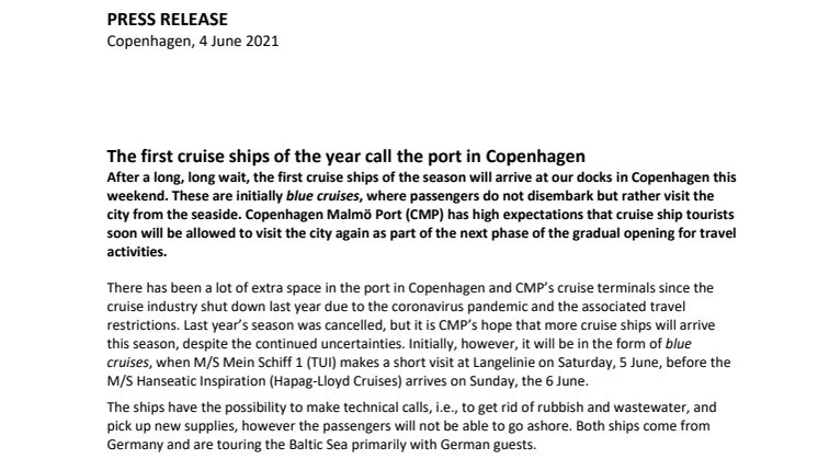 Årets første krydstogtskibe besøger Københavns Havn 