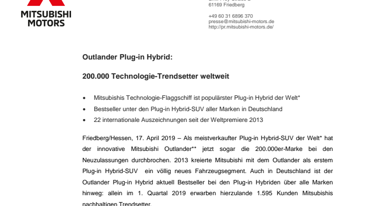Outlander Plug-in Hybrid:  200.000 Technologie-Trendsetter weltweit 