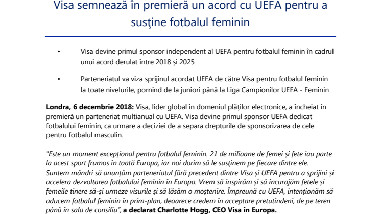 Visa semnează în premieră un acord cu UEFA pentru a susţine fotbalul feminin