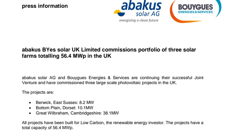 abakus BYes solar UK Limited commissions portfolio of three solar farms totalling 56.4 MWp in the UK