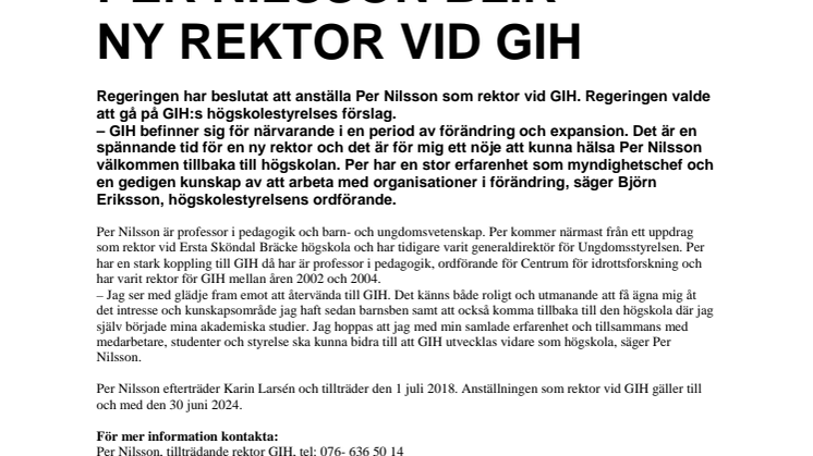 Per Nilsson blir ny rektor vid GIH
