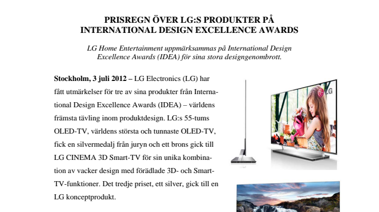 PRISREGN ÖVER LG:S PRODUKTER PÅ INTERNATIONAL DESIGN EXCELLENCE AWARDS 