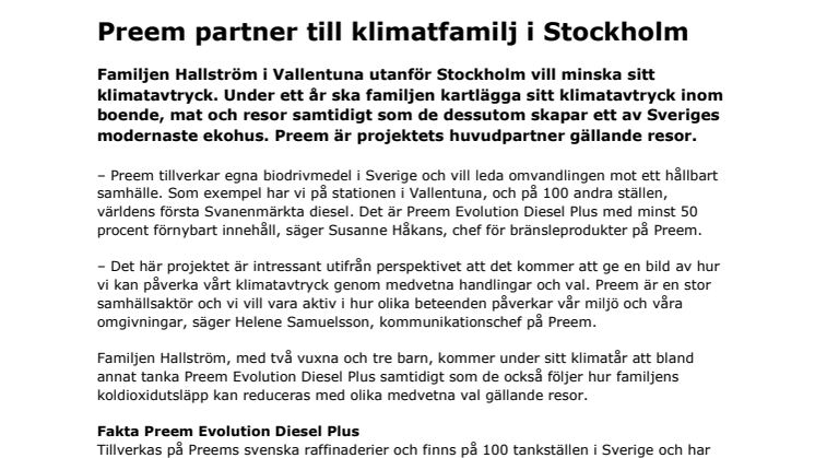 Preem partner till klimatfamilj i Stockholm 