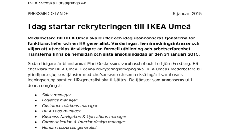 Idag startar rekryteringen till IKEA Umeå
