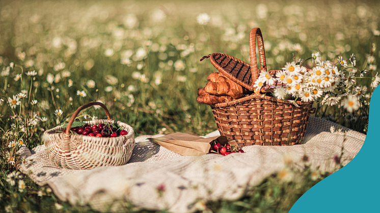 Bild av picknick korg i sommaräng