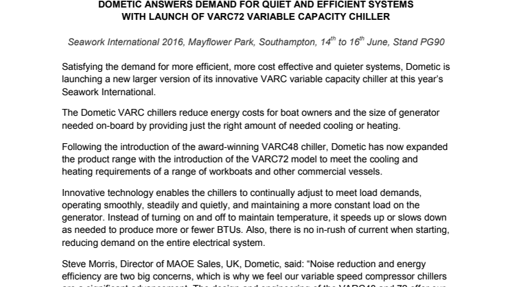 Dometic: Answers Demand for Quiet and Efficient Systems with Launch of Varc72 Variable Capacity Chiller 