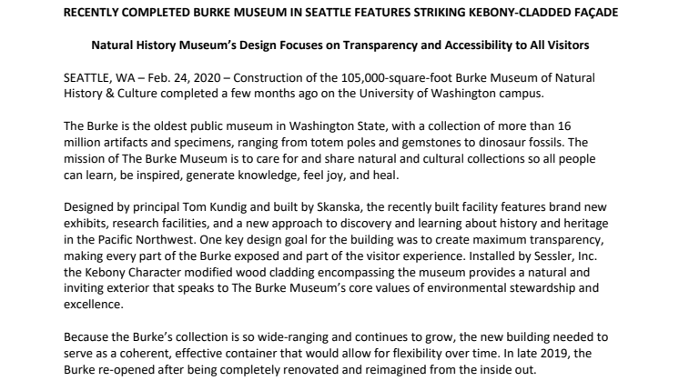 RECENTLY COMPLETED BURKE MUSEUM IN SEATTLE FEATURES STRIKING KEBONY-CLADDED FAÇADE