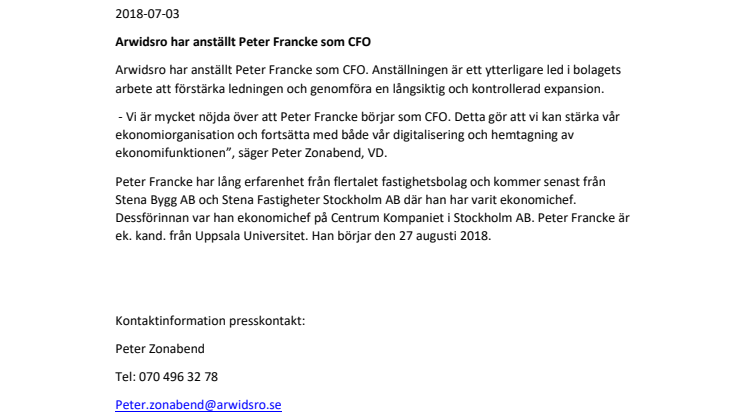 Arwidsro har anställt Peter Francke som CFO
