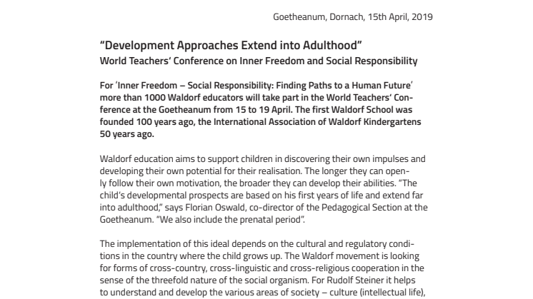 “Development Approaches Extend into Adulthood”. ​World Teachers‘ Conference on Inner Freedom and Social Responsibility