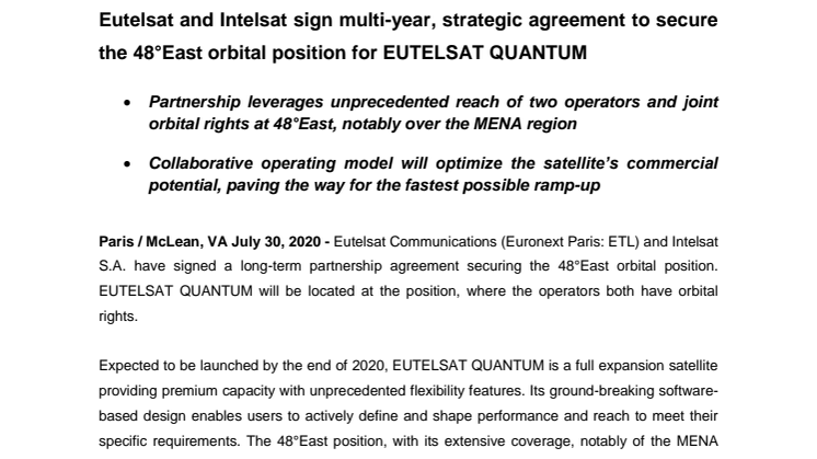 Eutelsat and Intelsat sign multi-year, strategic agreement to secure the 48°East orbital position for EUTELSAT QUANTUM 