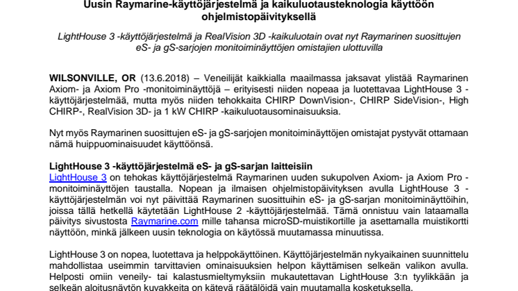 Raymarine: Uusin Raymarine-käyttöjärjestelmä ja kaikuluotausteknologia käyttöön ohjelmistopäivityksellä