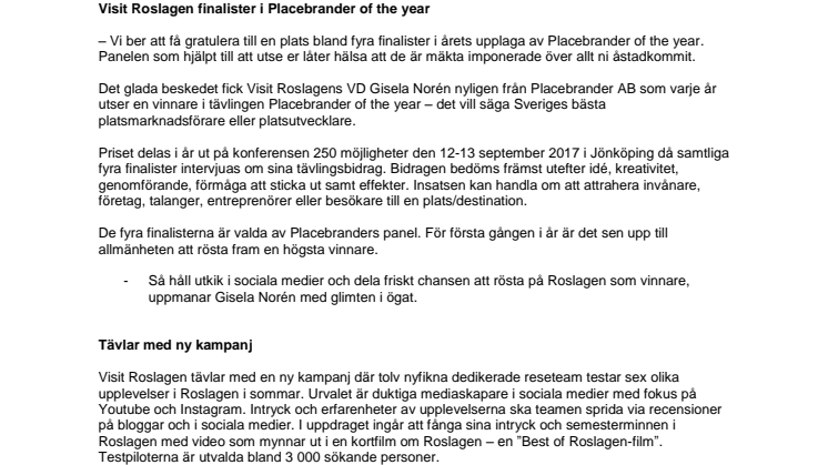   Visit Roslagen finalister i Placebrander of the year 