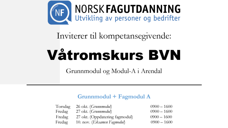 Invitasjon til våtromskurs i Arendal - Grunnmodul og A-Modul 26 oktober 2017