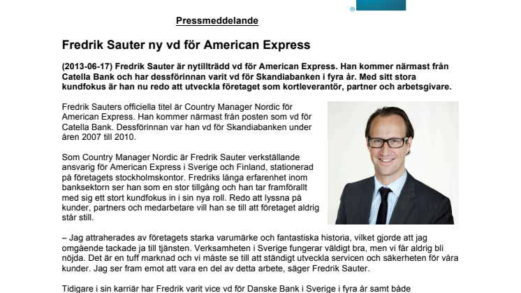 Fredrik Sauter ny vd för American Express