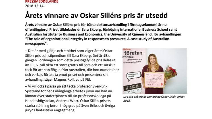 Årets vinnare av Oskar Silléns pris är utsedd