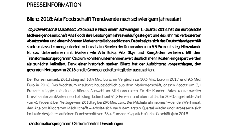 Bilanz 2018: Arla Foods schafft Trendwende nach schwierigem Jahresstart