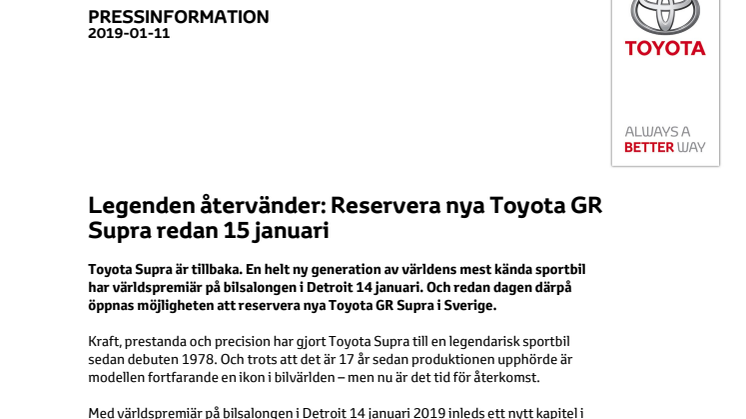 Legenden återvänder: Reservera nya Toyota GR Supra redan 15 januari