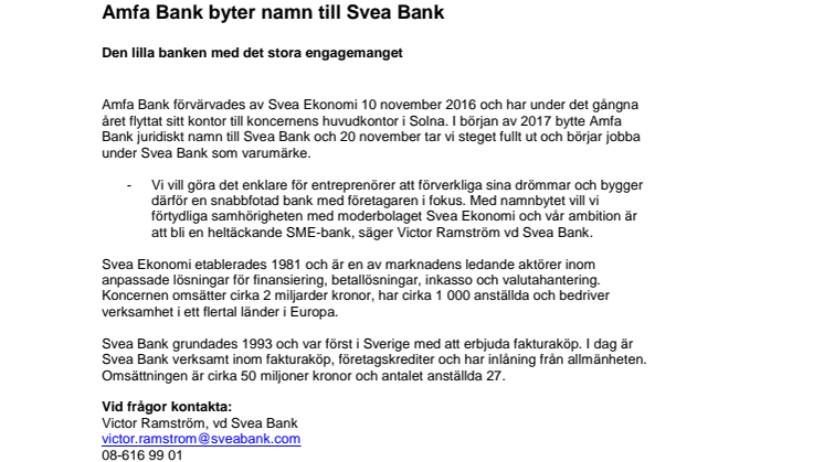 Amfa Bank byter namn till Svea Bank