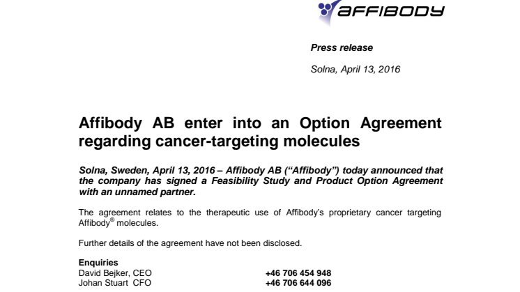 Affibody AB enter into an Option Agreement regarding cancer-targeting molecules