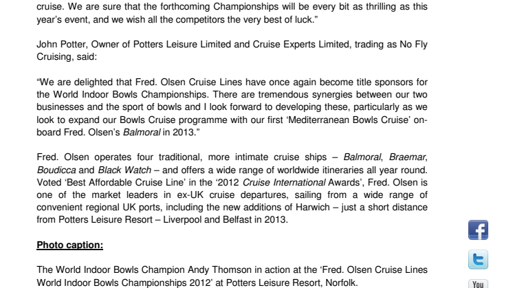 Fred. Olsen Cruise Lines renews its title sponsorship  of the ‘2013 World Indoor Bowls Championships’