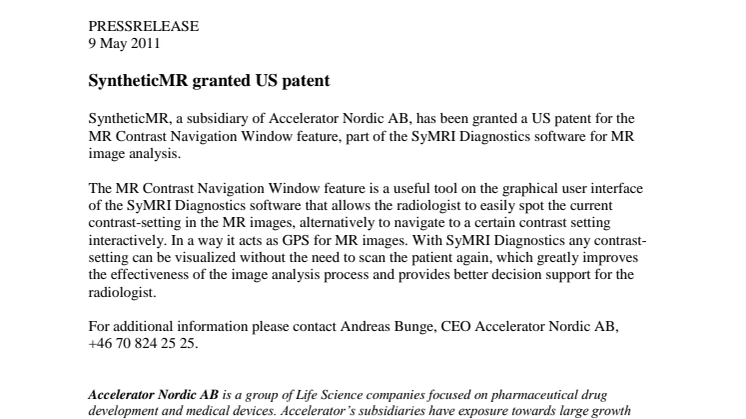 SyntheticMR granted US patent