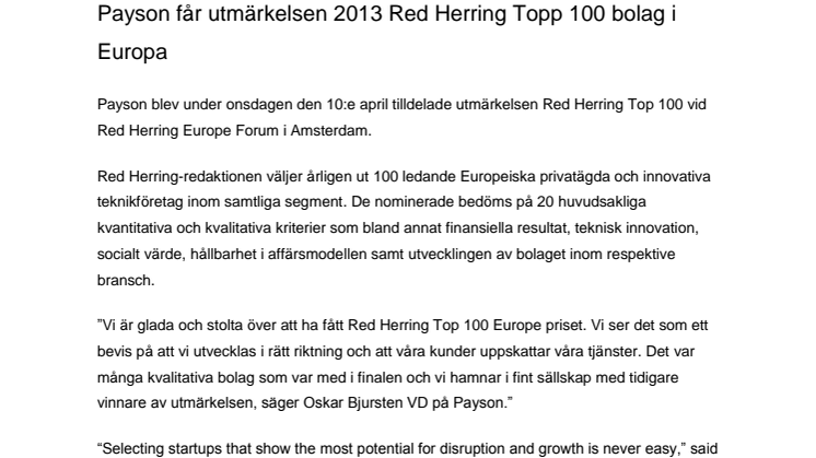 Payson får utmärkelsen Red Herring Topp 100 bolag i Europa