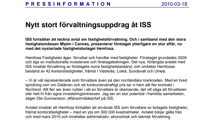 Nytt stort förvaltningsuppdrag åt ISS