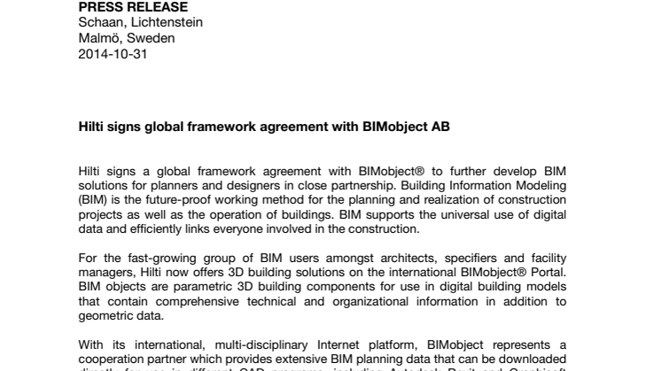 Hilti signs global framework agreement with BIMobject AB