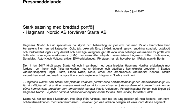 Stark satsning med breddad portfölj - Hagmans Nordic AB förvärvar Starta AB