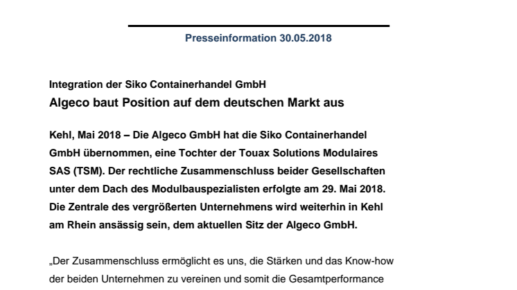 Algeco baut Position auf dem deutschen Markt aus