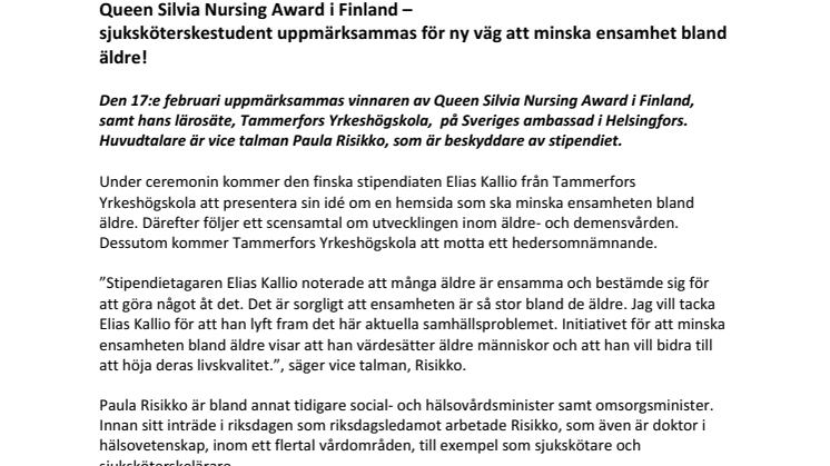 Queen Silvia Nursing Award i Finland –  sjuksköterskestudent uppmärksammas för ny väg att minska ensamhet bland äldre!