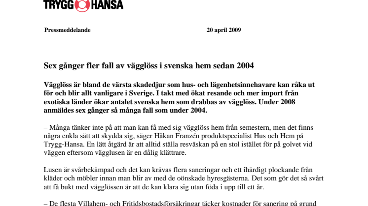 Sex gånger fler fall av vägglöss i svenska hem sedan 2004
