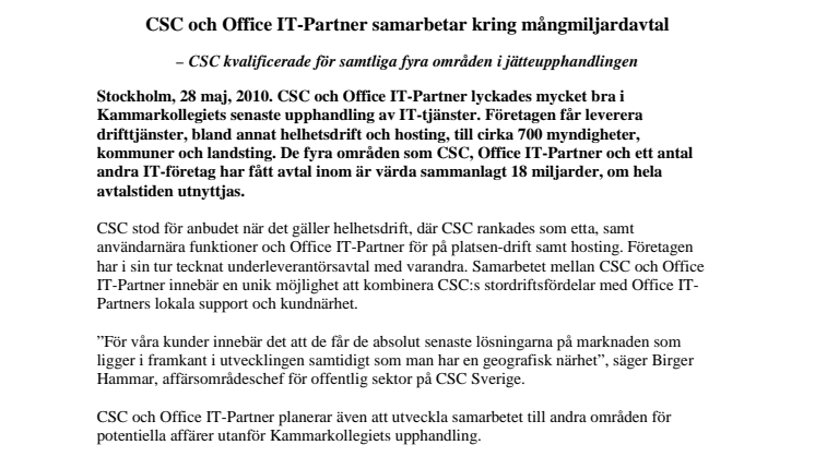 CSC och Office IT-Partner samarbetar kring mångmiljardavtal