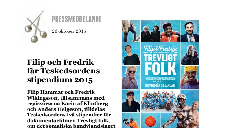 Filip och Fredrik får Teskedsordens stipendium 2015!